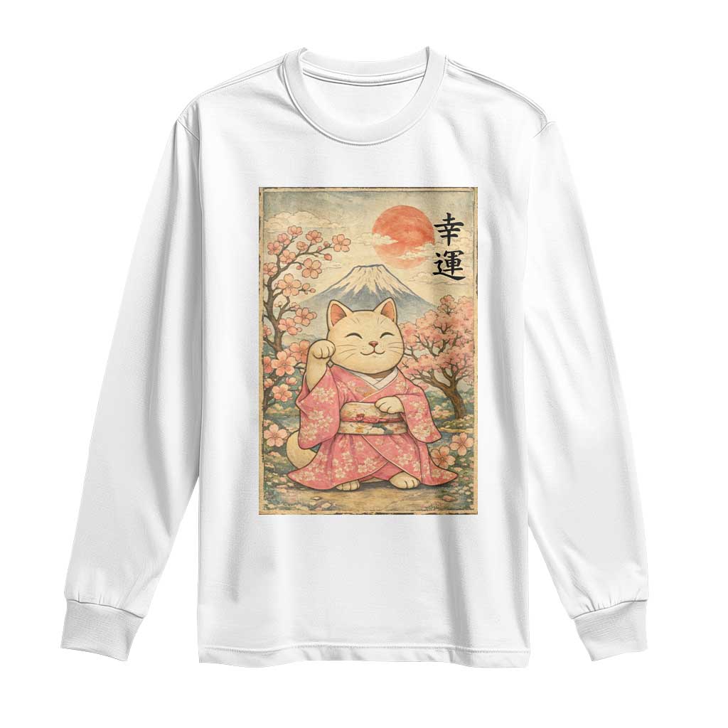 Japanese Anime Maneki Neko Long Sleeve Shirt Kawaii Waving Cat Good Luck Kanji - Wonder Print Shop