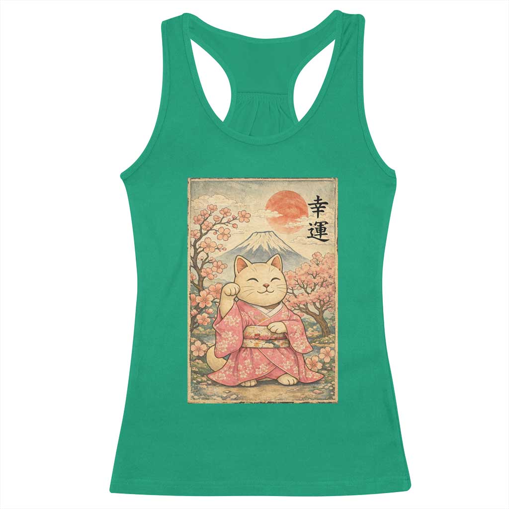 Japanese Anime Maneki Neko Racerback Tank Top Kawaii Waving Cat Good Luck Kanji - Wonder Print Shop