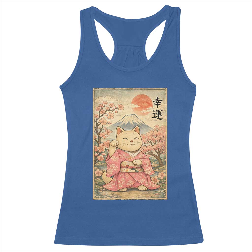 Japanese Anime Maneki Neko Racerback Tank Top Kawaii Waving Cat Good Luck Kanji - Wonder Print Shop