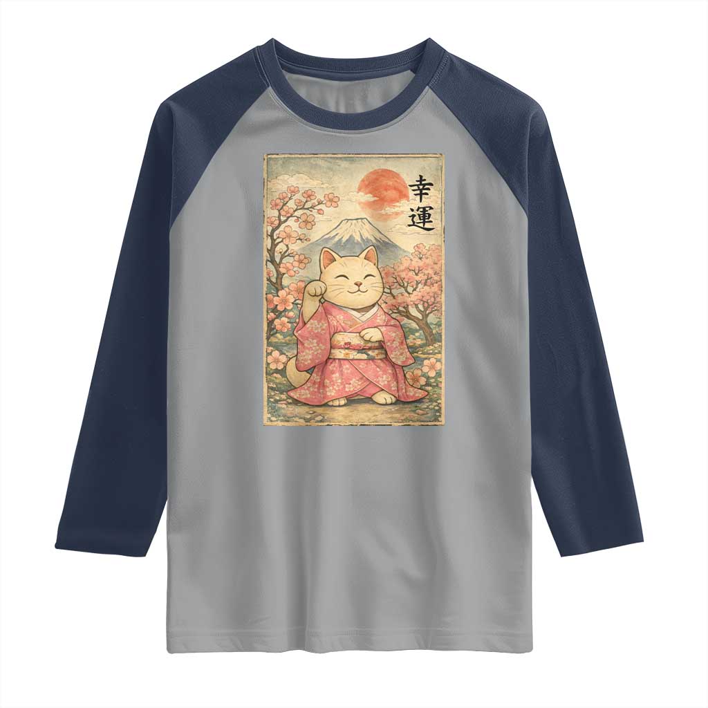 Japanese Anime Maneki Neko Raglan Shirt Kawaii Waving Cat Good Luck Kanji - Wonder Print Shop