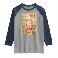 Japanese Anime Maneki Neko Raglan Shirt Kawaii Waving Cat Good Luck Kanji - Wonder Print Shop