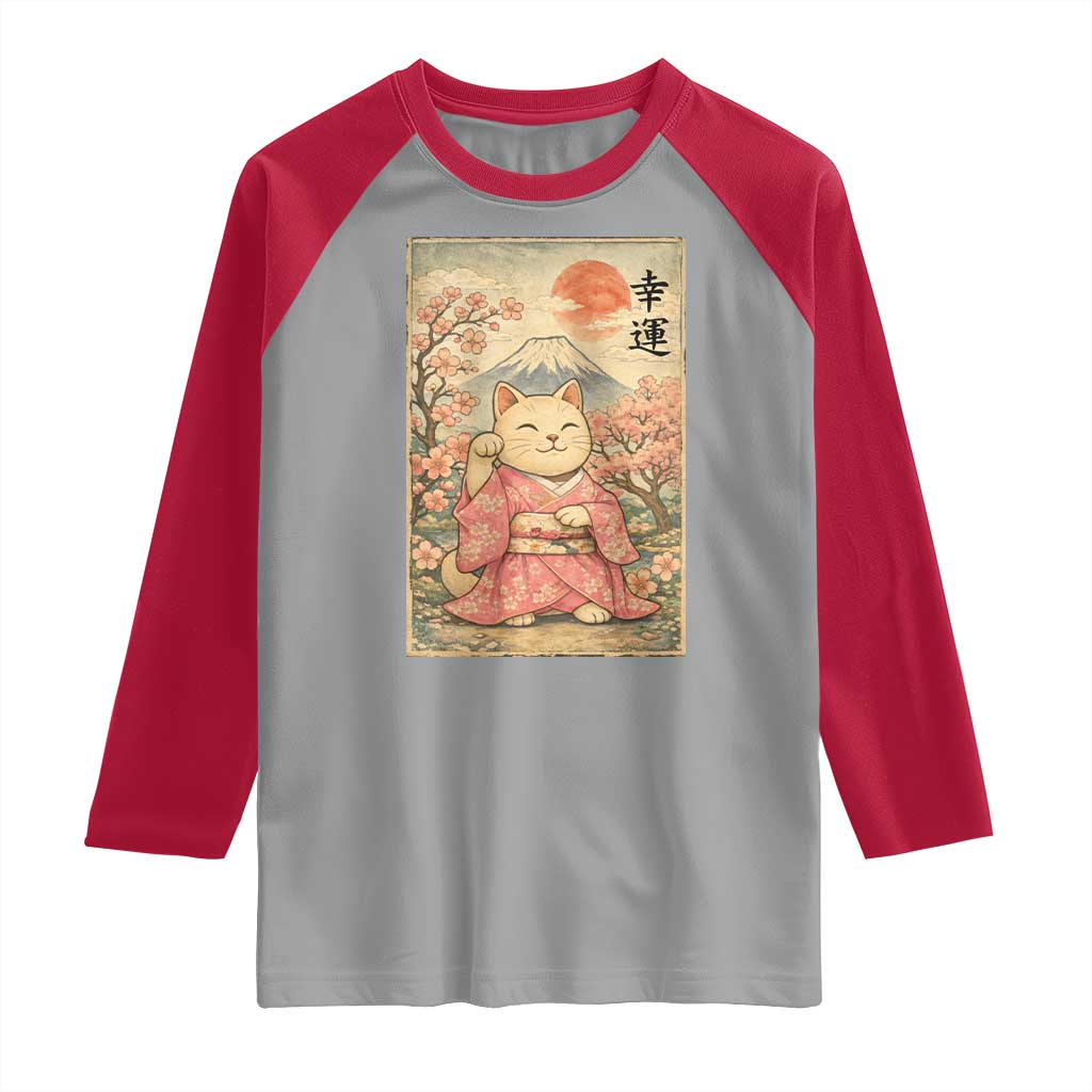 Japanese Anime Maneki Neko Raglan Shirt Kawaii Waving Cat Good Luck Kanji - Wonder Print Shop