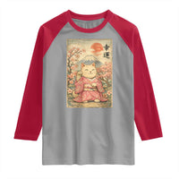 Japanese Anime Maneki Neko Raglan Shirt Kawaii Waving Cat Good Luck Kanji - Wonder Print Shop