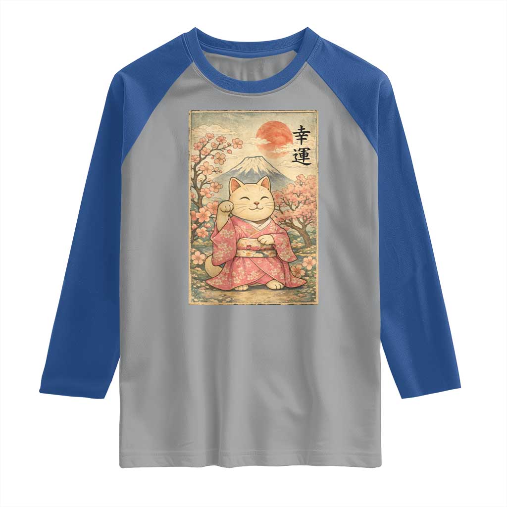 Japanese Anime Maneki Neko Raglan Shirt Kawaii Waving Cat Good Luck Kanji - Wonder Print Shop