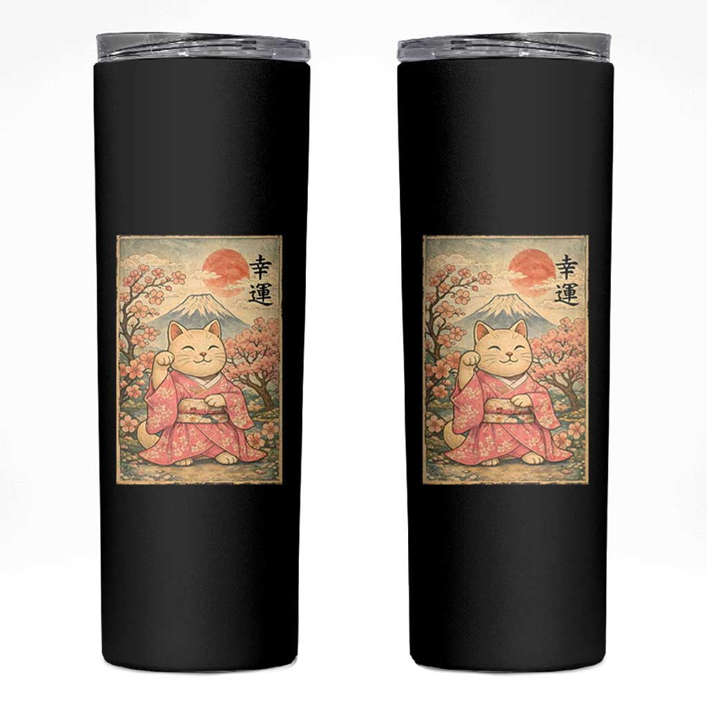 Japanese Anime Maneki Neko Skinny Tumbler Kawaii Waving Cat Good Luck Kanji - Wonder Print Shop