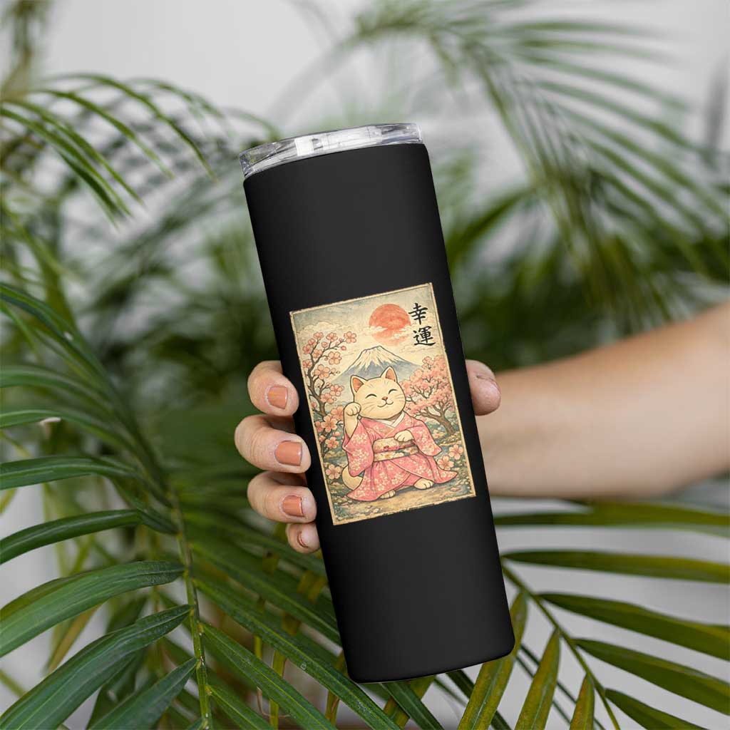 Japanese Anime Maneki Neko Skinny Tumbler Kawaii Waving Cat Good Luck Kanji - Wonder Print Shop