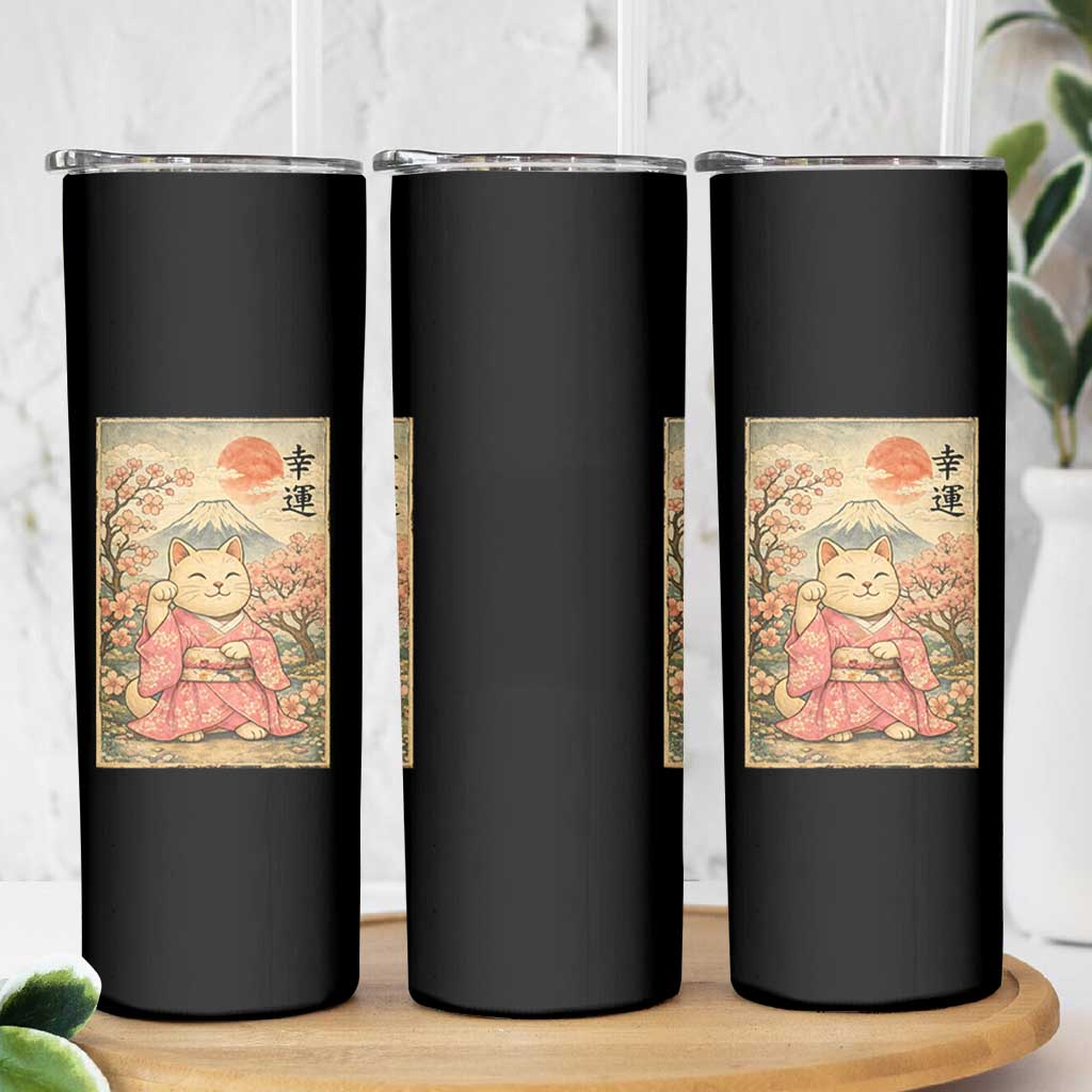 Japanese Anime Maneki Neko Skinny Tumbler Kawaii Waving Cat Good Luck Kanji - Wonder Print Shop