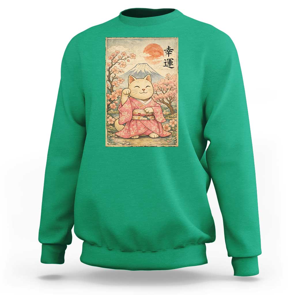 Japanese Anime Maneki Neko Sweatshirt Kawaii Waving Cat Good Luck Kanji - Wonder Print Shop