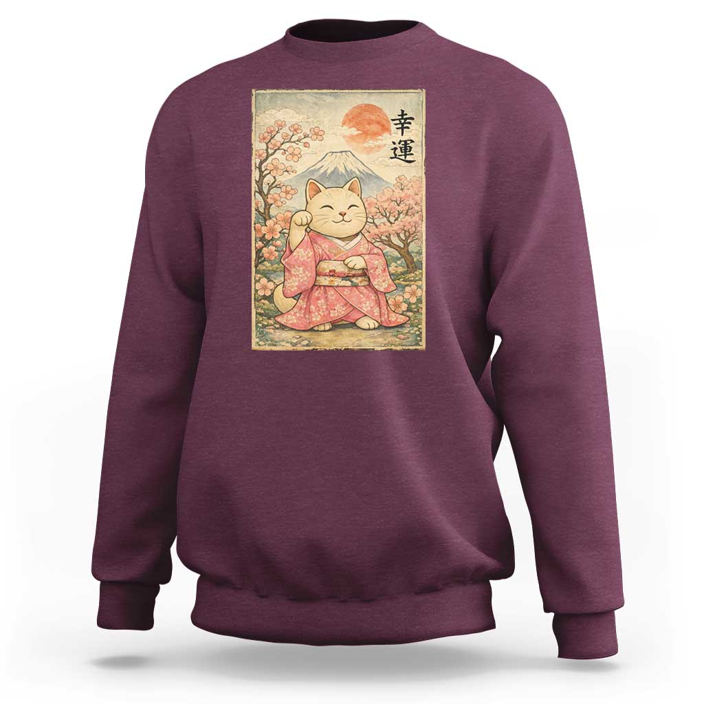 Japanese Anime Maneki Neko Sweatshirt Kawaii Waving Cat Good Luck Kanji - Wonder Print Shop