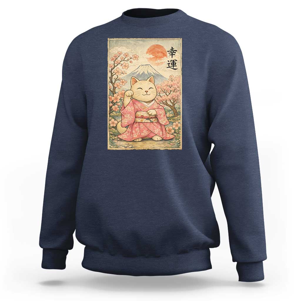 Japanese Anime Maneki Neko Sweatshirt Kawaii Waving Cat Good Luck Kanji - Wonder Print Shop