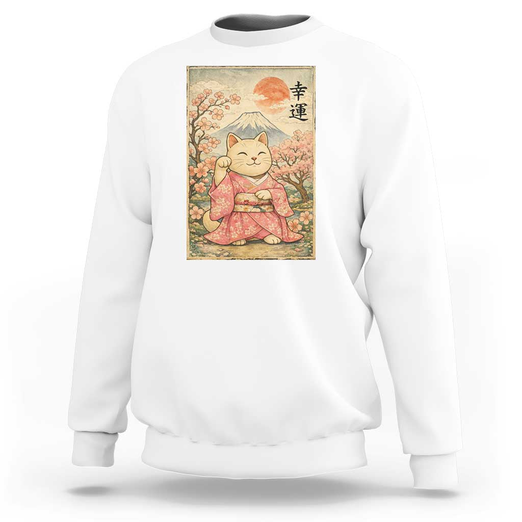 Japanese Anime Maneki Neko Sweatshirt Kawaii Waving Cat Good Luck Kanji - Wonder Print Shop