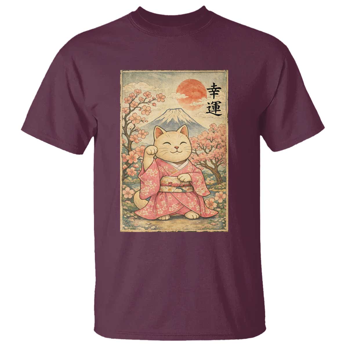 Japanese Anime Maneki Neko T Shirt Kawaii Waving Cat Good Luck Kanji - Wonder Print Shop