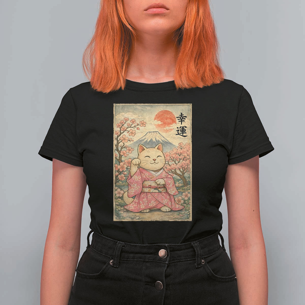 Japanese Anime Maneki Neko T Shirt For Women Kawaii Waving Cat Good Luck Kanji - Wonder Print Shop