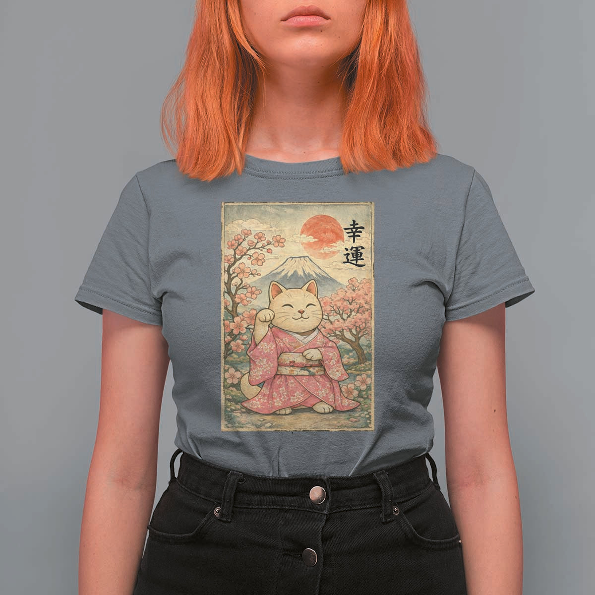 Japanese Anime Maneki Neko T Shirt For Women Kawaii Waving Cat Good Luck Kanji - Wonder Print Shop