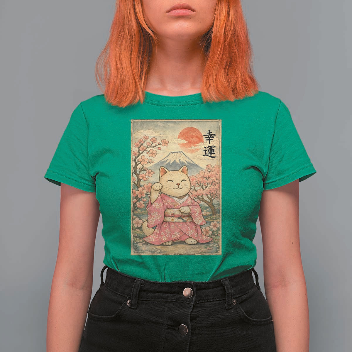 Japanese Anime Maneki Neko T Shirt For Women Kawaii Waving Cat Good Luck Kanji - Wonder Print Shop