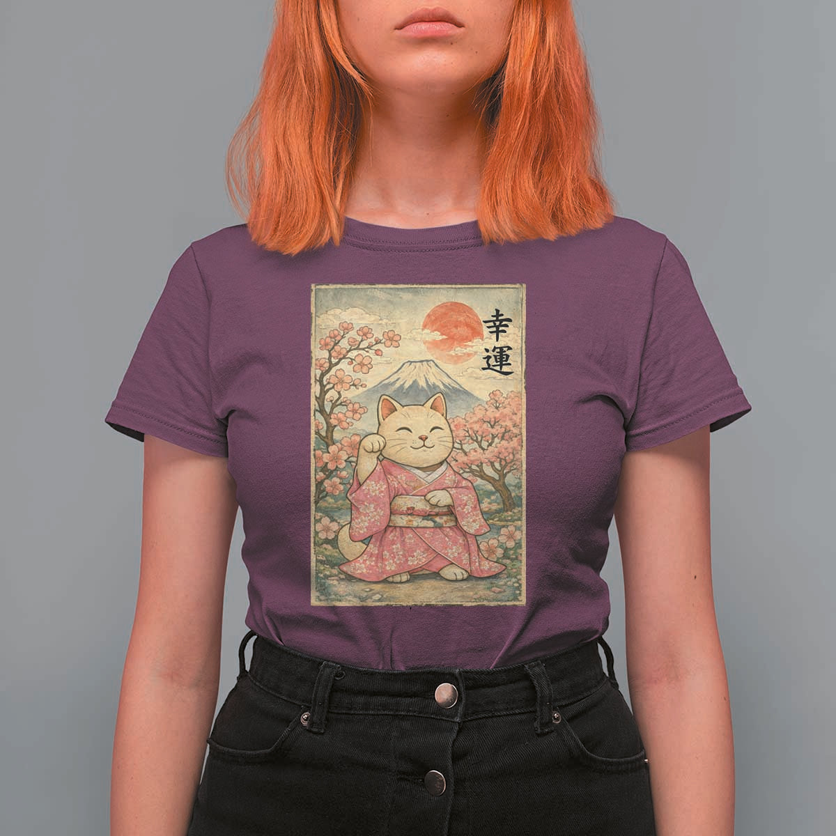 Japanese Anime Maneki Neko T Shirt For Women Kawaii Waving Cat Good Luck Kanji - Wonder Print Shop