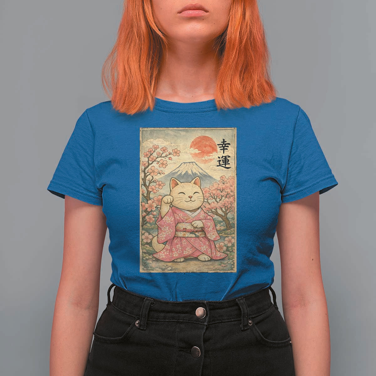 Japanese Anime Maneki Neko T Shirt For Women Kawaii Waving Cat Good Luck Kanji - Wonder Print Shop