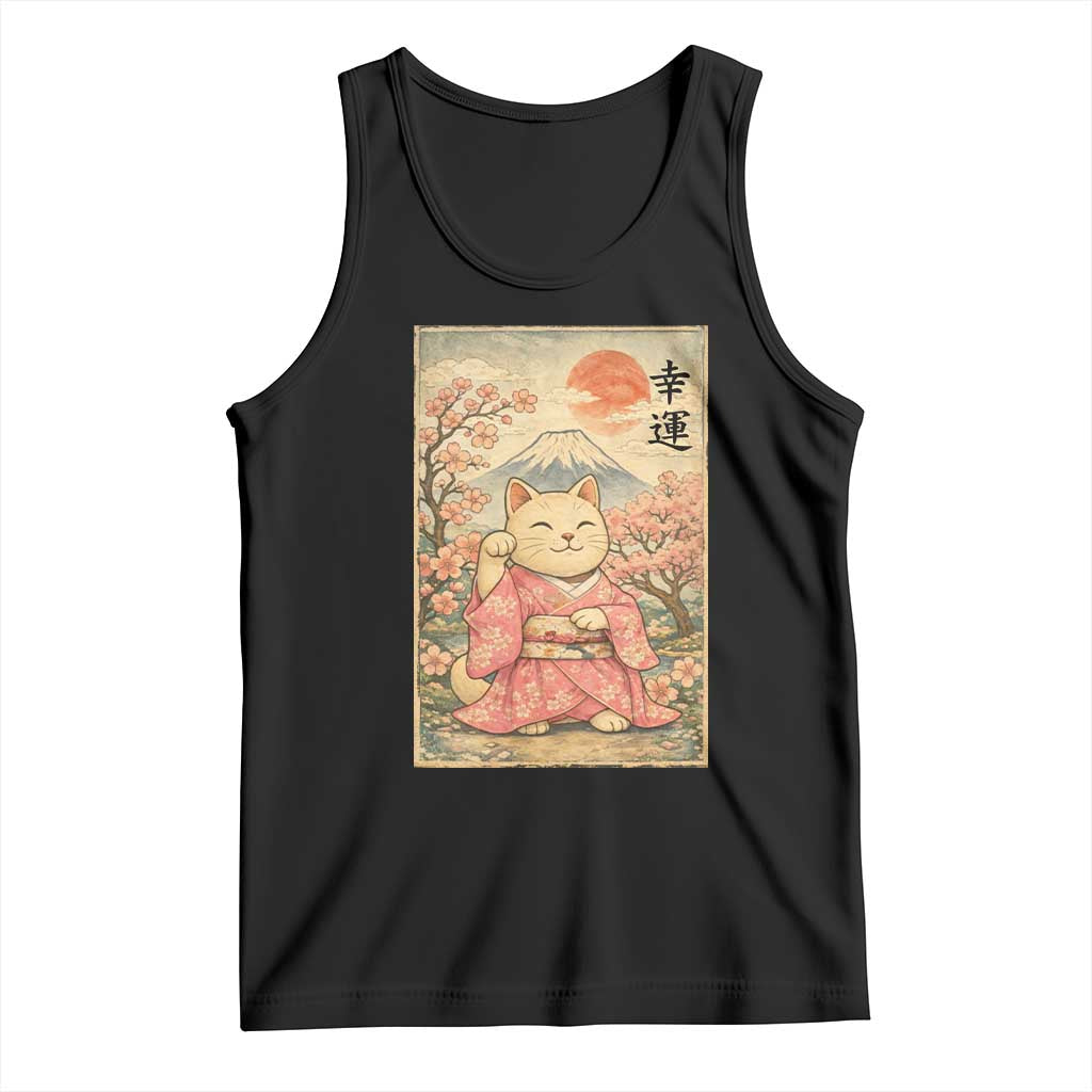Japanese Anime Maneki Neko Tank Top Kawaii Waving Cat Good Luck Kanji - Wonder Print Shop