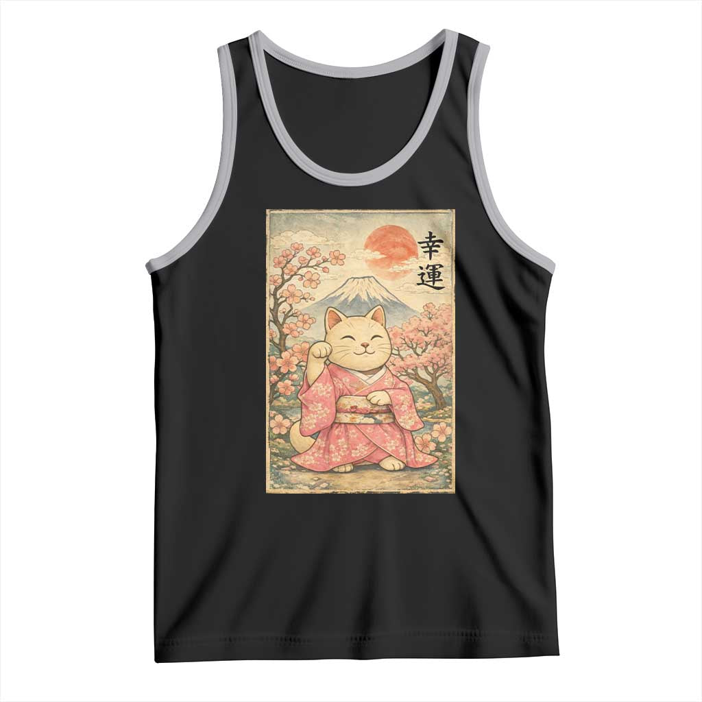 Japanese Anime Maneki Neko Tank Top Kawaii Waving Cat Good Luck Kanji - Wonder Print Shop
