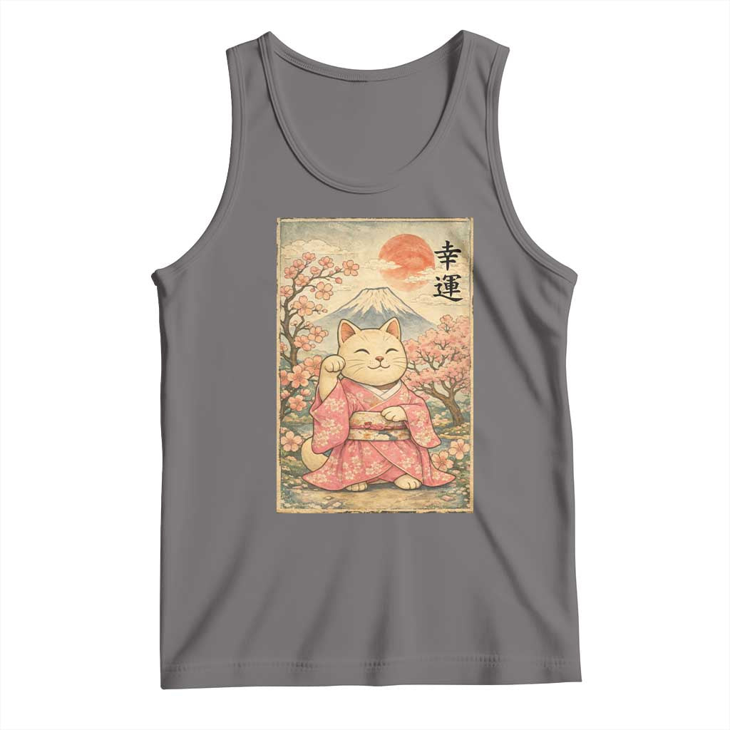 Japanese Anime Maneki Neko Tank Top Kawaii Waving Cat Good Luck Kanji - Wonder Print Shop