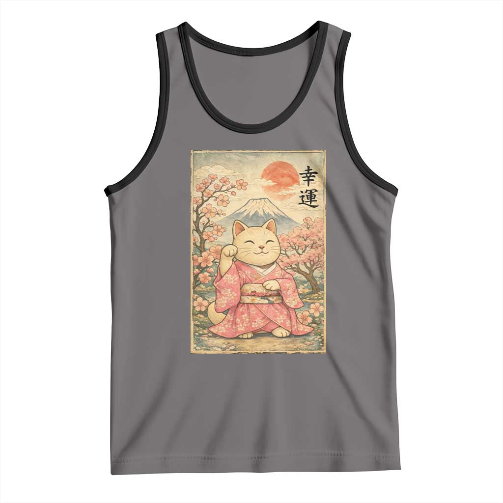 Japanese Anime Maneki Neko Tank Top Kawaii Waving Cat Good Luck Kanji - Wonder Print Shop