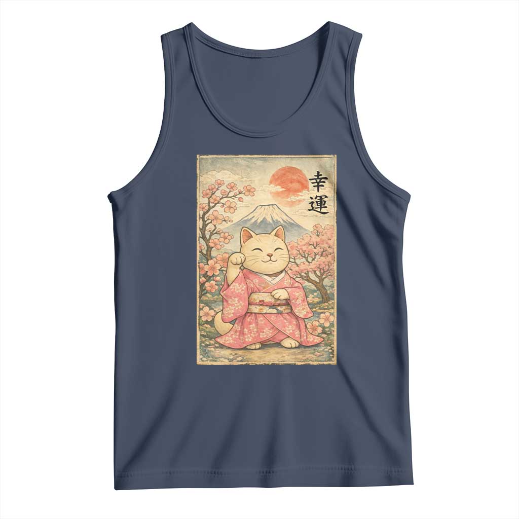 Japanese Anime Maneki Neko Tank Top Kawaii Waving Cat Good Luck Kanji - Wonder Print Shop