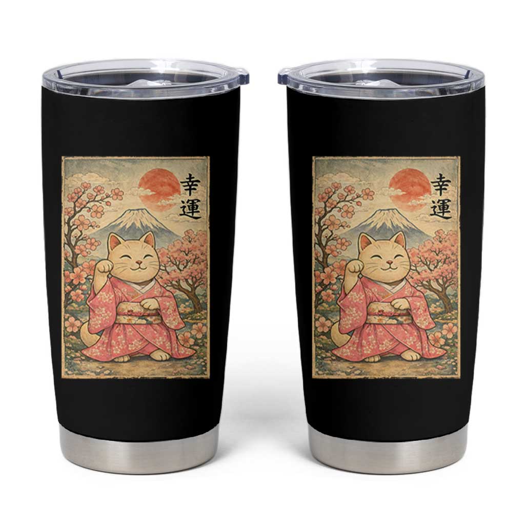 Japanese Anime Maneki Neko Tumbler Cup Kawaii Waving Cat Good Luck Kanji - Wonder Print Shop