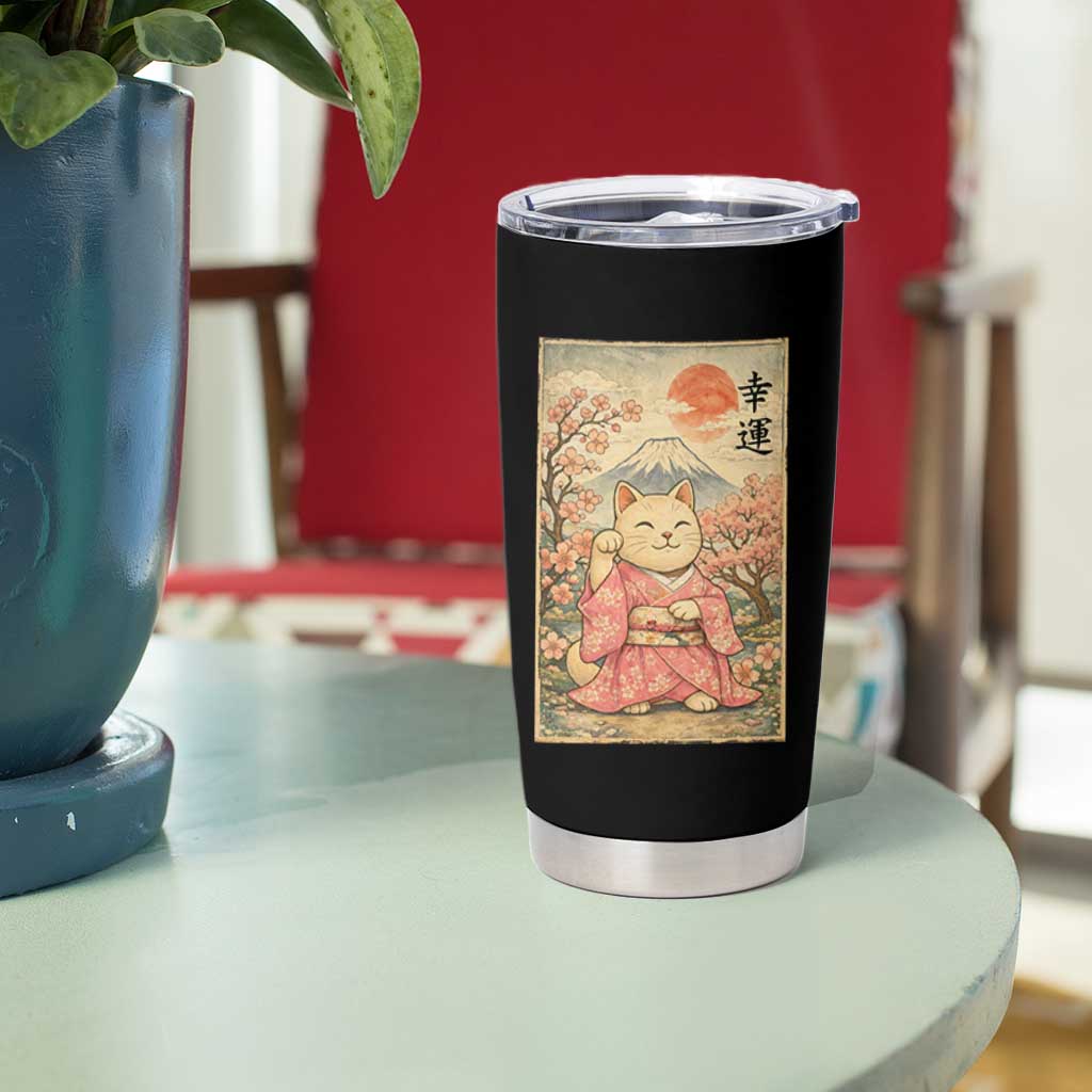Japanese Anime Maneki Neko Tumbler Cup Kawaii Waving Cat Good Luck Kanji - Wonder Print Shop
