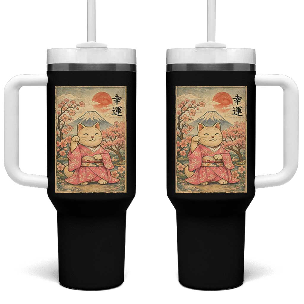 Japanese Anime Maneki Neko Tumbler With Handle Kawaii Waving Cat Good Luck Kanji - Wonder Print Shop
