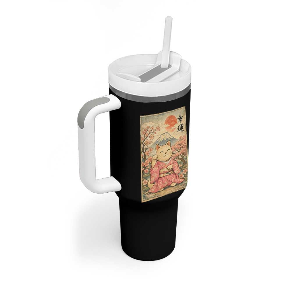 Japanese Anime Maneki Neko Tumbler With Handle Kawaii Waving Cat Good Luck Kanji - Wonder Print Shop