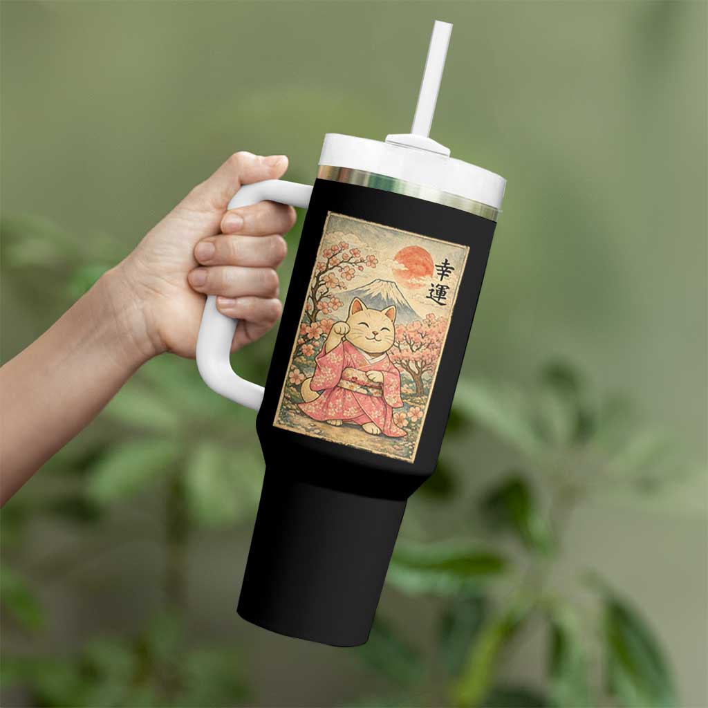 Japanese Anime Maneki Neko Tumbler With Handle Kawaii Waving Cat Good Luck Kanji - Wonder Print Shop