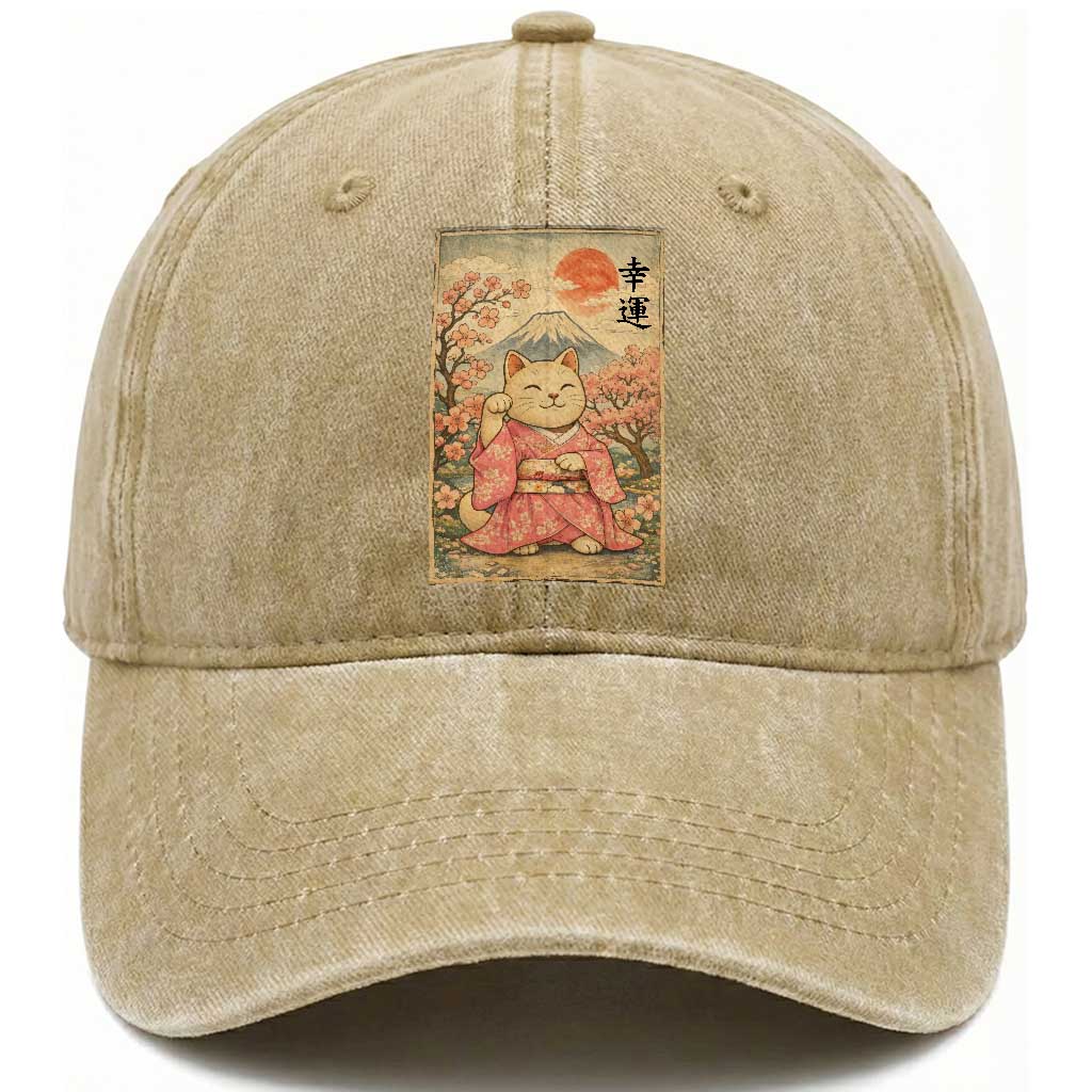 Japanese Anime Maneki Neko Washed Cotton Baseball Cap Kawaii Waving Cat Good Luck Kanji