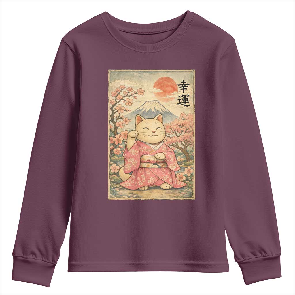 Japanese Anime Maneki Neko Youth Sweatshirt Kawaii Waving Cat Good Luck Kanji - Wonder Print Shop
