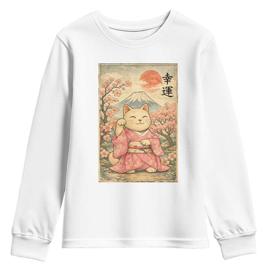 Japanese Anime Maneki Neko Youth Sweatshirt Kawaii Waving Cat Good Luck Kanji - Wonder Print Shop