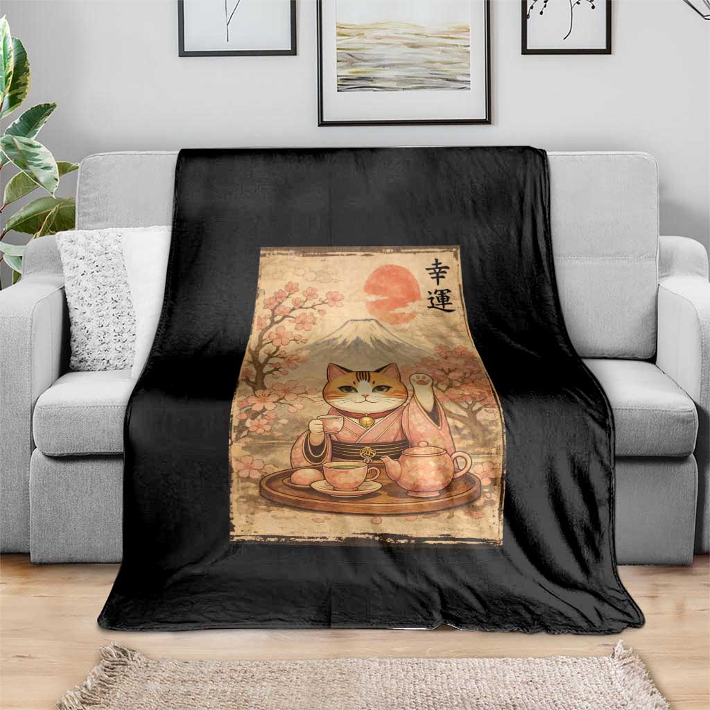 Japanese Maneki Neko Drinking Tea Kawaii Lucky Cat Throw Blanket - Wonder Print Shop