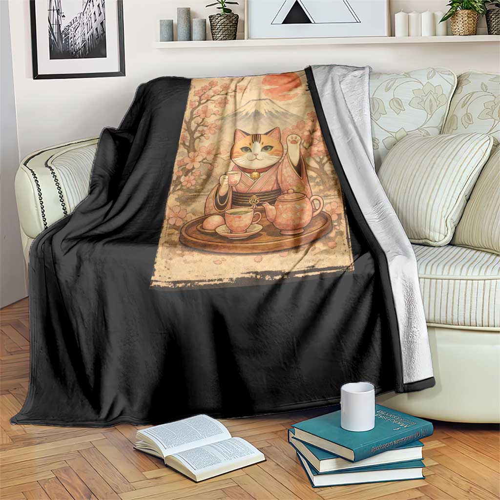 Japanese Maneki Neko Drinking Tea Kawaii Lucky Cat Throw Blanket - Wonder Print Shop