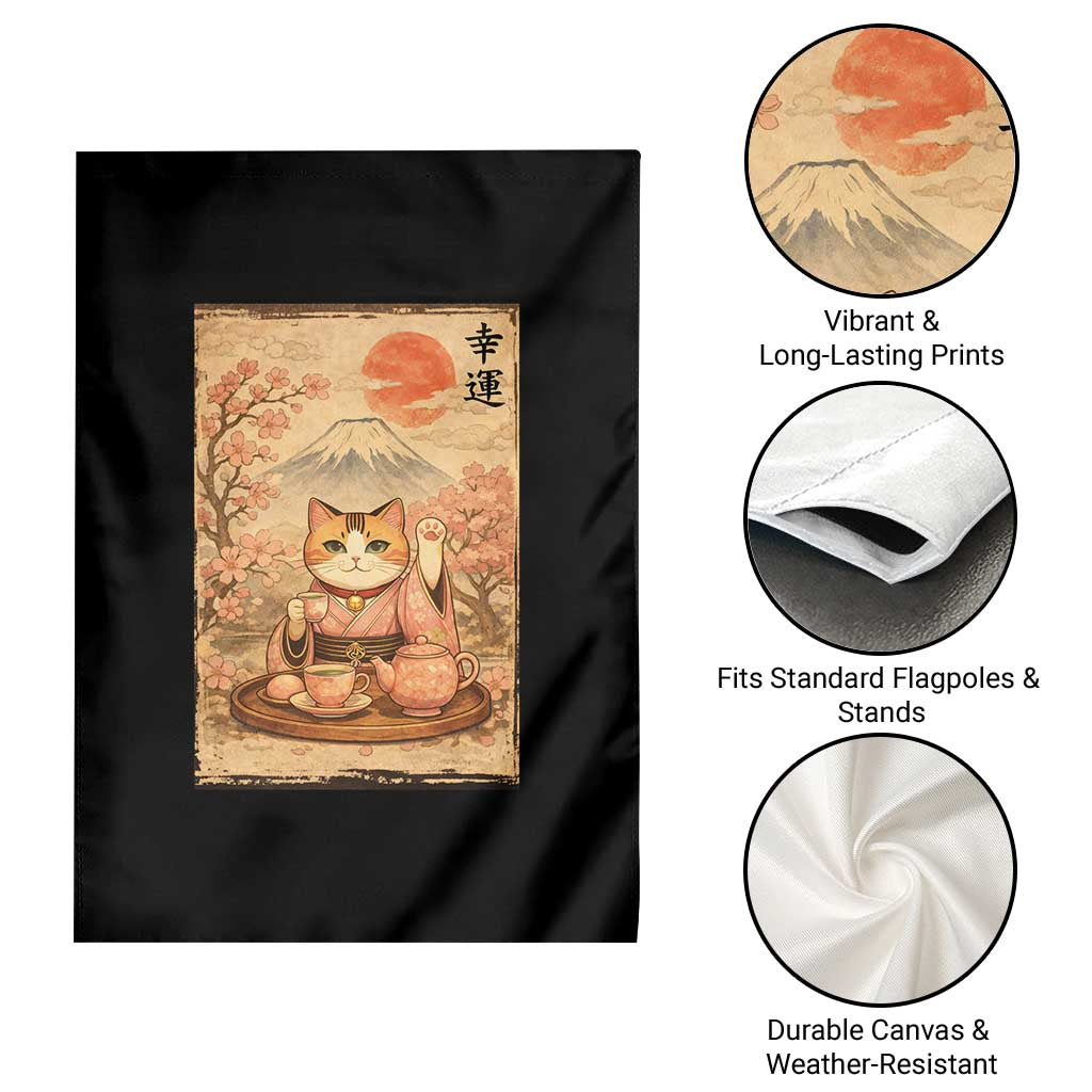 Japanese Maneki Neko Drinking Tea Kawaii Lucky Cat Garden Flag - Wonder Print Shop