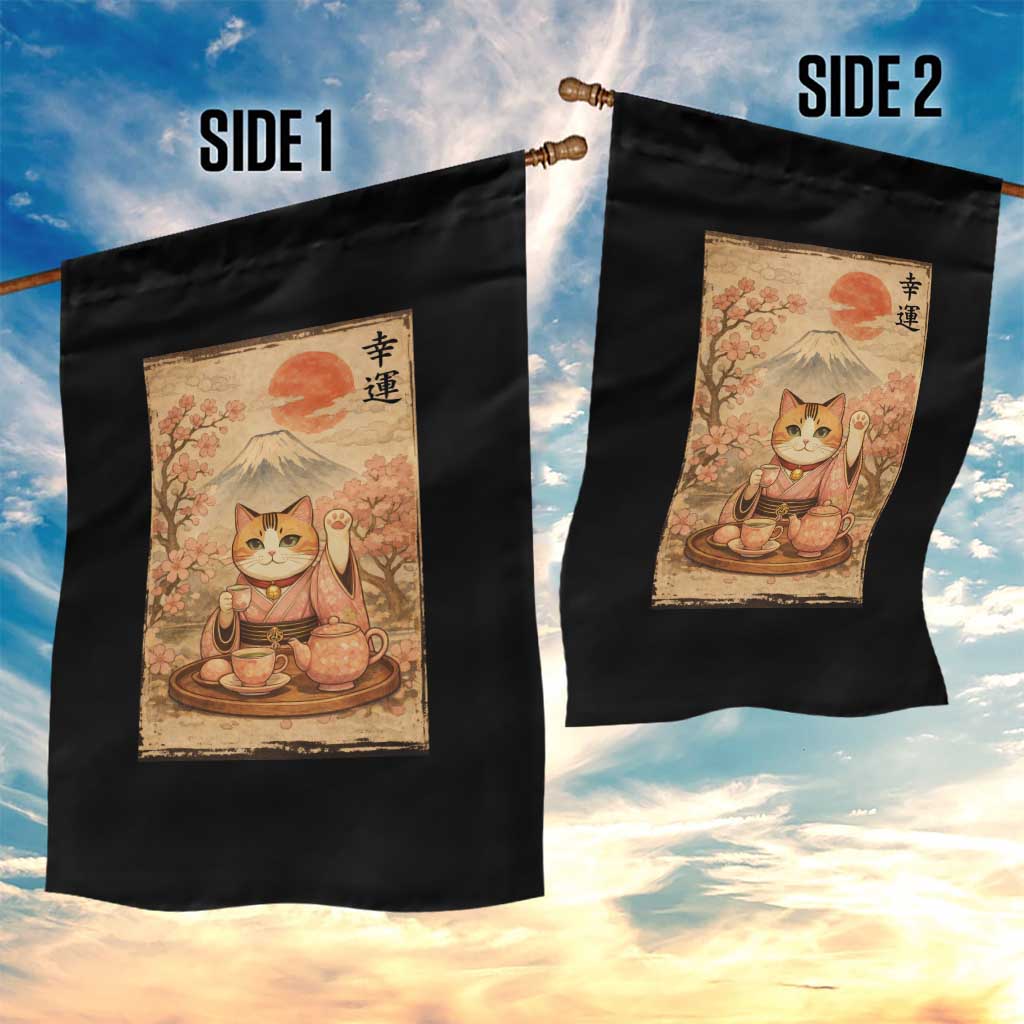 Japanese Maneki Neko Drinking Tea Kawaii Lucky Cat Garden Flag - Wonder Print Shop