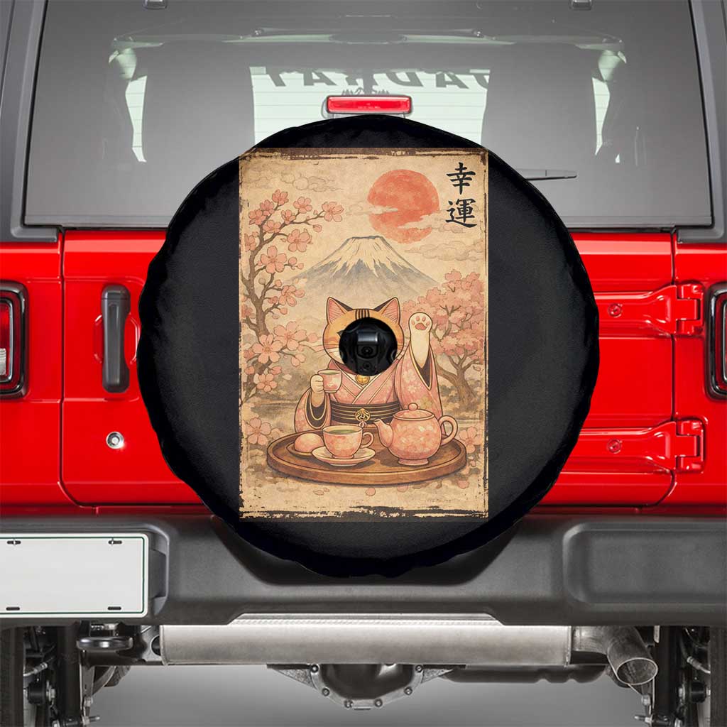 Japanese Maneki Neko Drinking Tea Kawaii Lucky Cat Spare Tire Cover - Wonder Print Shop