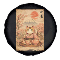 Japanese Maneki Neko Drinking Tea Kawaii Lucky Cat Spare Tire Cover - Wonder Print Shop