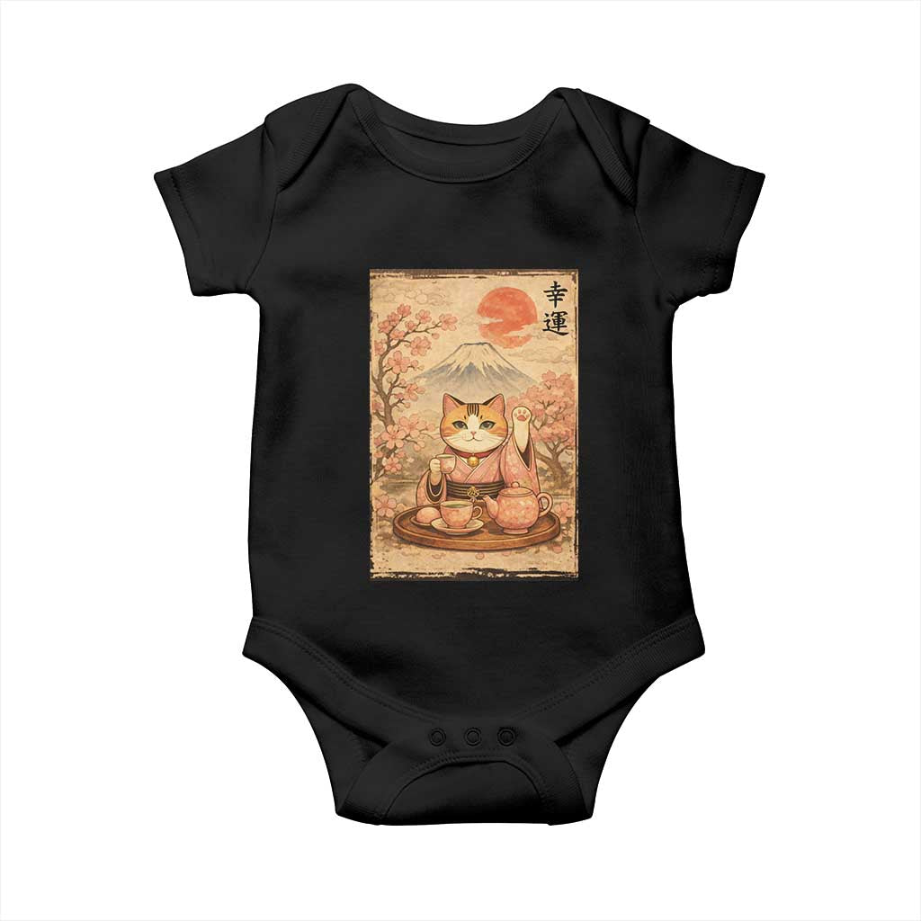 Japanese Maneki Neko Drinking Tea Kawaii Lucky Cat Baby Onesie - Wonder Print Shop