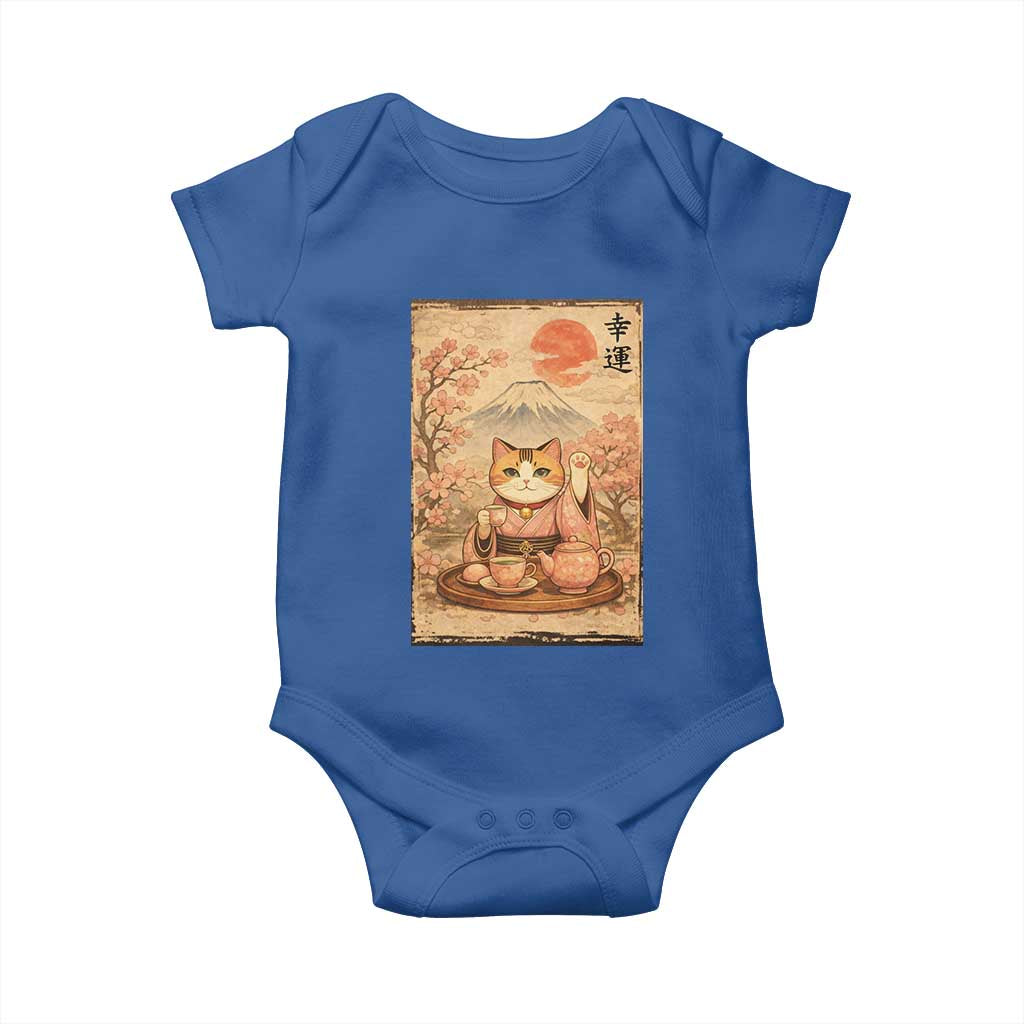 Japanese Maneki Neko Drinking Tea Kawaii Lucky Cat Baby Onesie - Wonder Print Shop