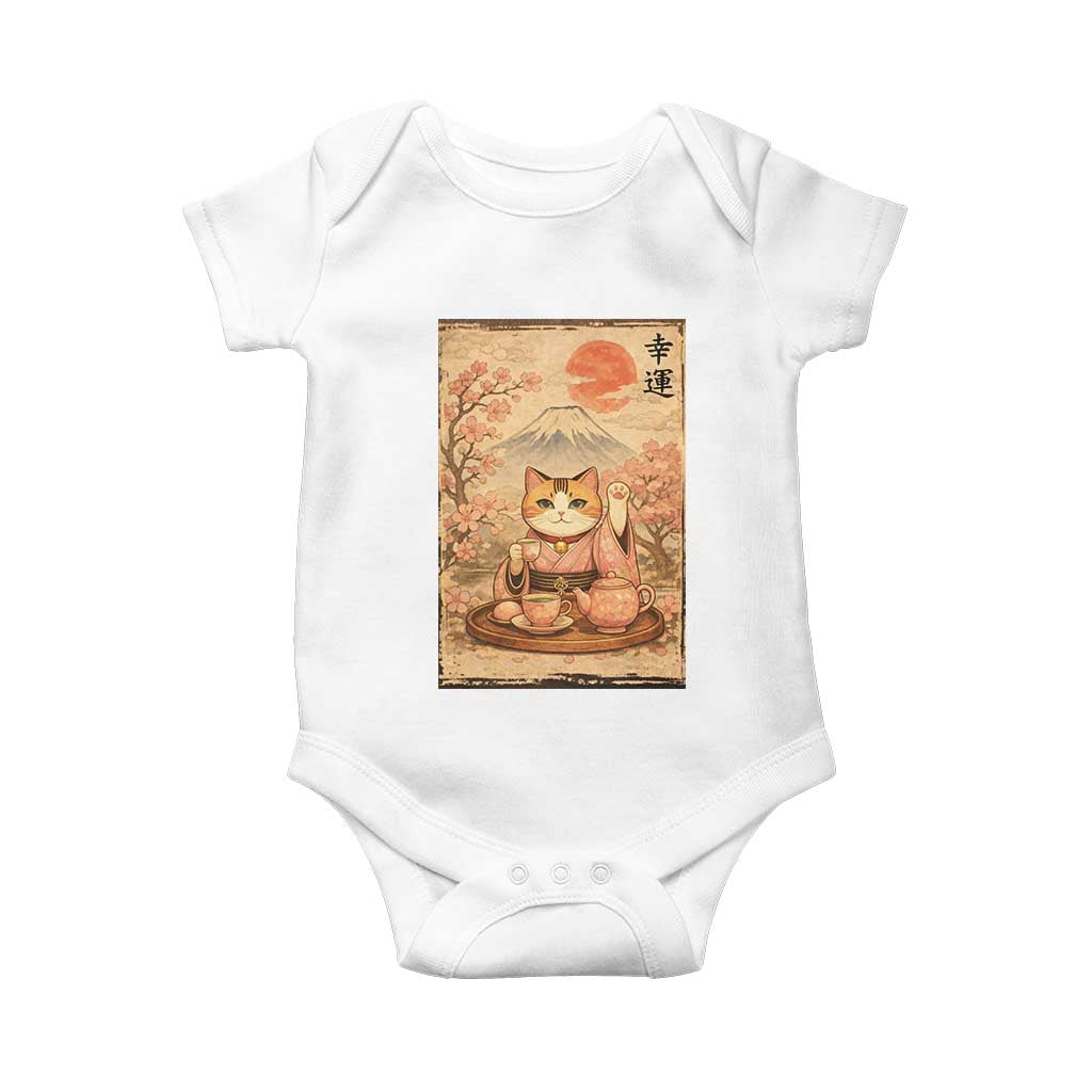 Japanese Maneki Neko Drinking Tea Kawaii Lucky Cat Baby Onesie - Wonder Print Shop