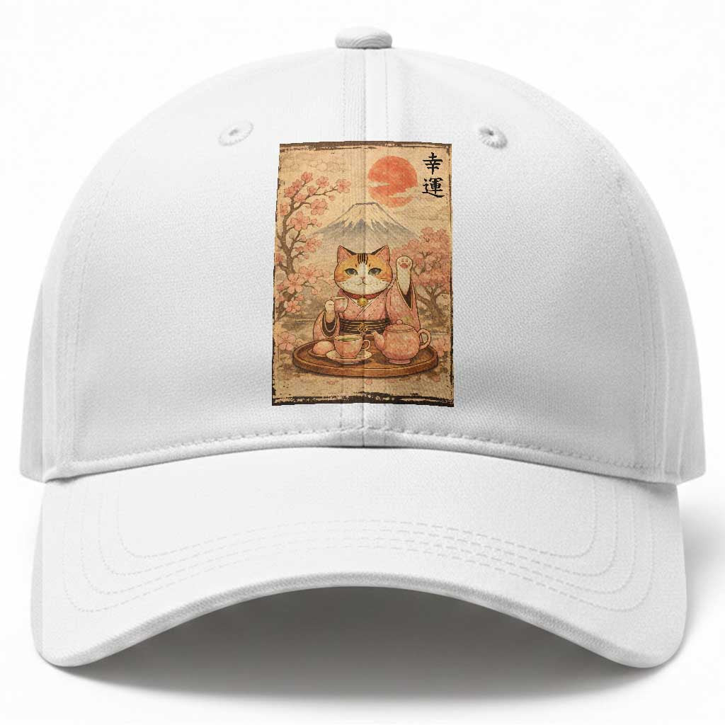 Japanese Maneki Neko Drinking Tea Kawaii Lucky Cat Baseball Cap