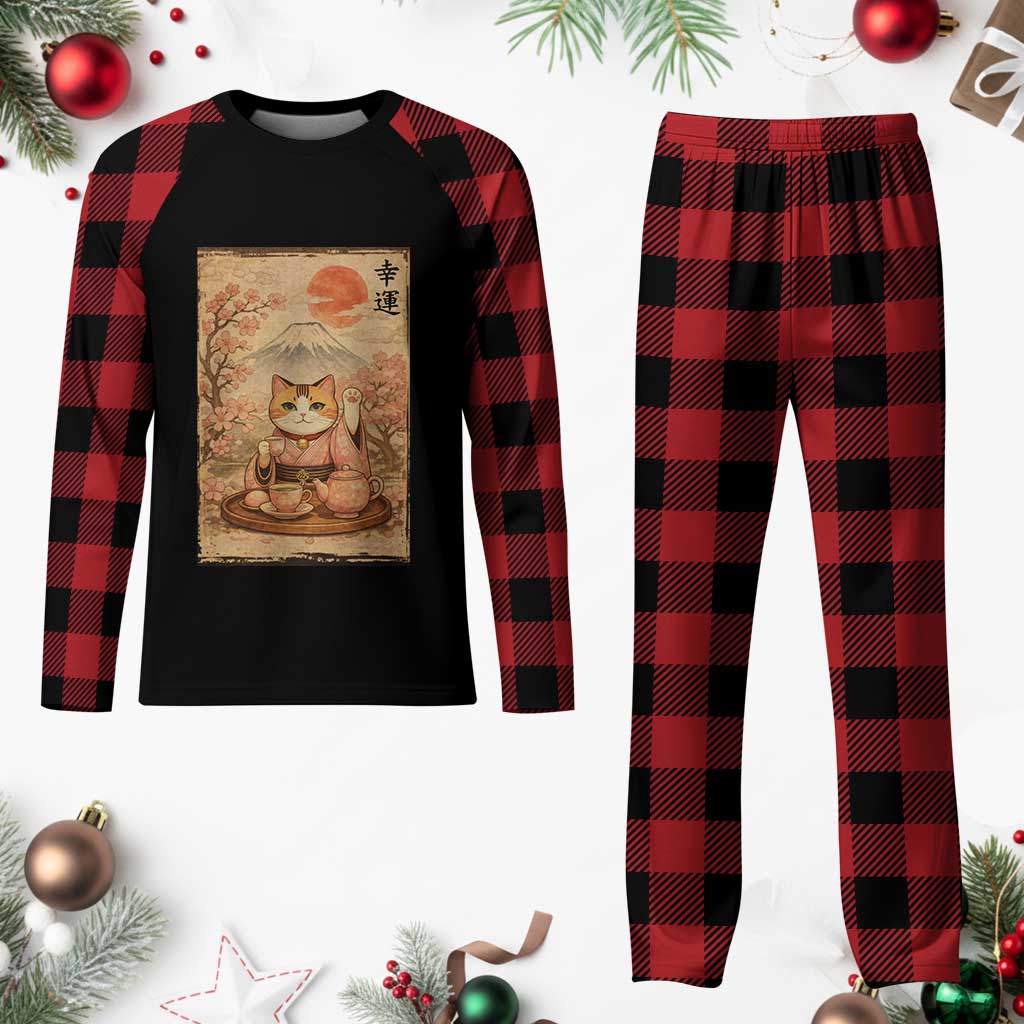Japanese Maneki Neko Drinking Tea Kawaii Lucky Cat Plaid Pajama Set - Wonder Print Shop