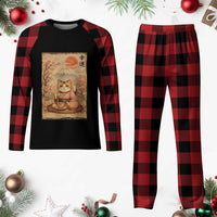 Japanese Maneki Neko Drinking Tea Kawaii Lucky Cat Plaid Pajama Set - Wonder Print Shop
