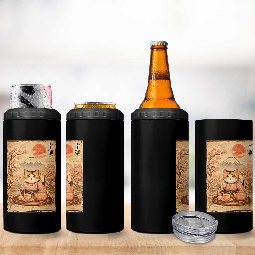 Japanese Maneki Neko Drinking Tea Kawaii Lucky Cat 4 in 1 Can Cooler Tumbler - Wonder Print Shop