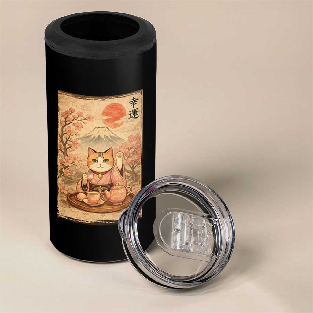 Japanese Maneki Neko Drinking Tea Kawaii Lucky Cat 4 in 1 Can Cooler Tumbler - Wonder Print Shop