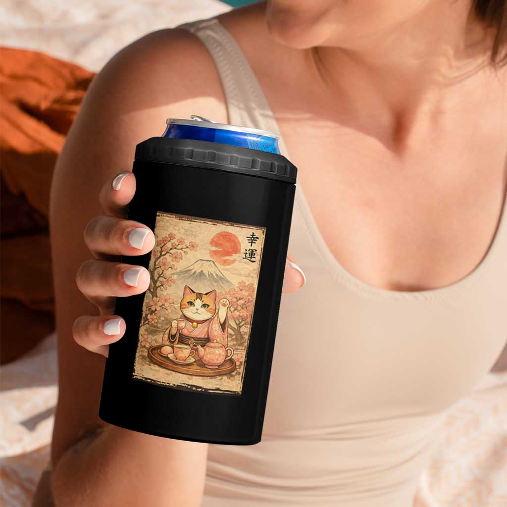 Japanese Maneki Neko Drinking Tea Kawaii Lucky Cat 4 in 1 Can Cooler Tumbler - Wonder Print Shop