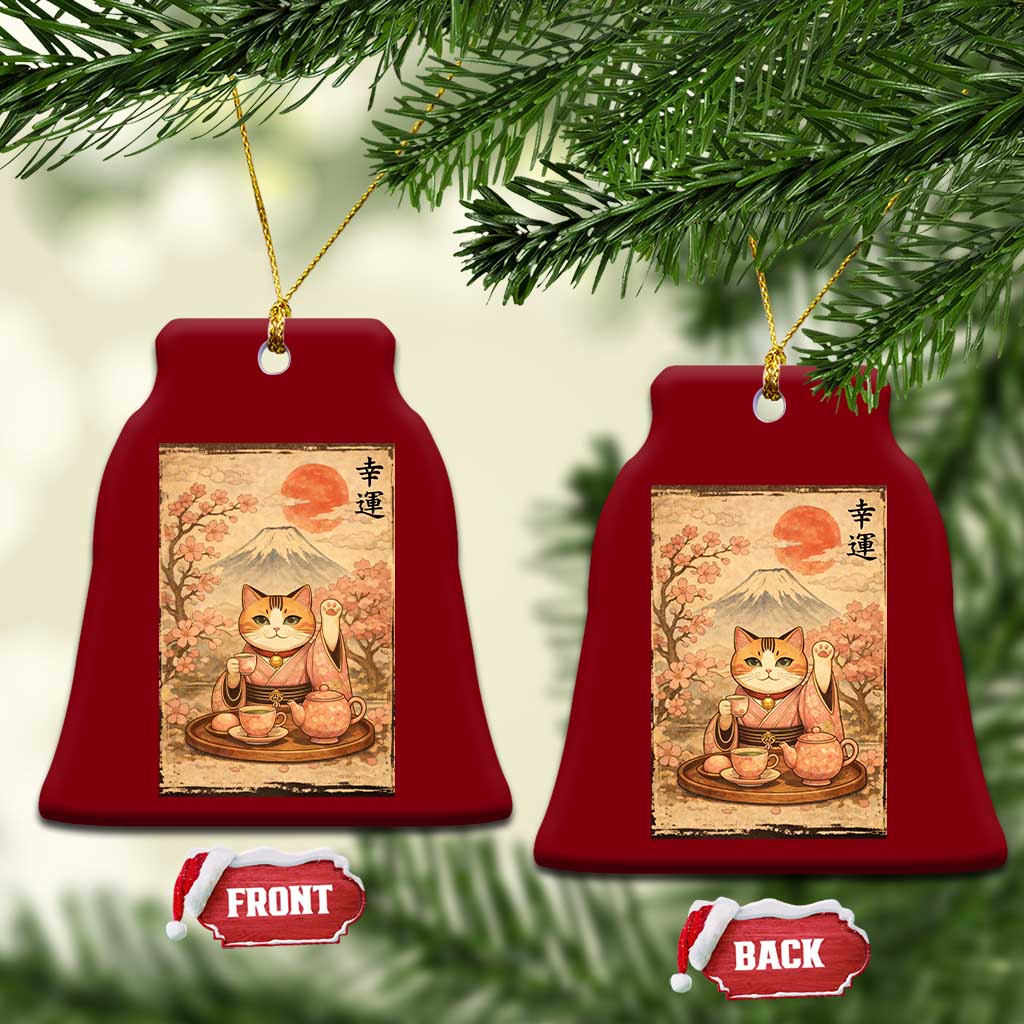 Japanese Maneki Neko Drinking Tea Kawaii Lucky Cat Ceramic Ornament - Wonder Print Shop